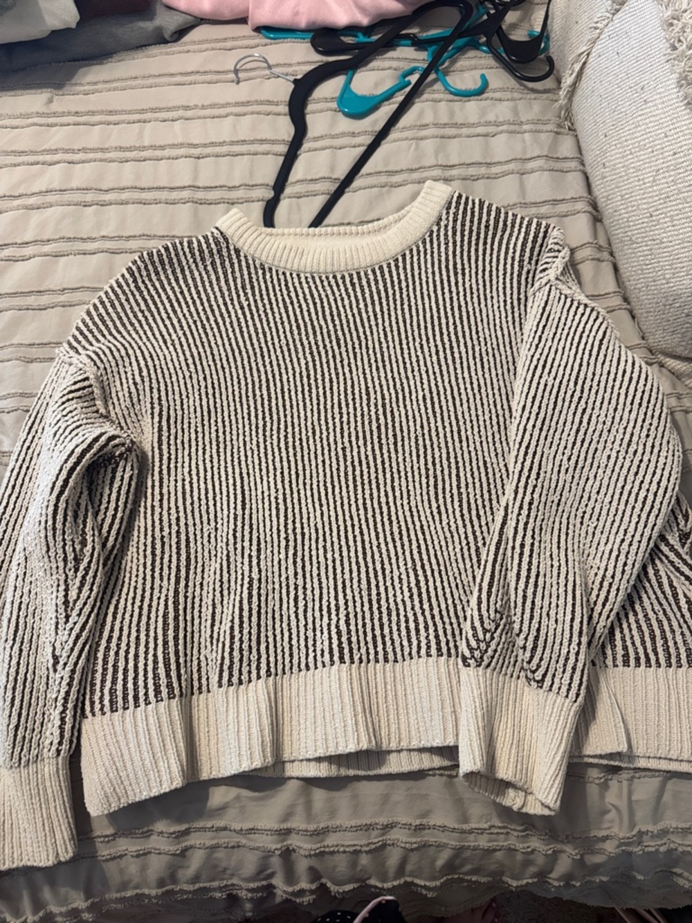 Zenana Outfitters Cream and Brown Striped Ribbed Crewneck Sweater